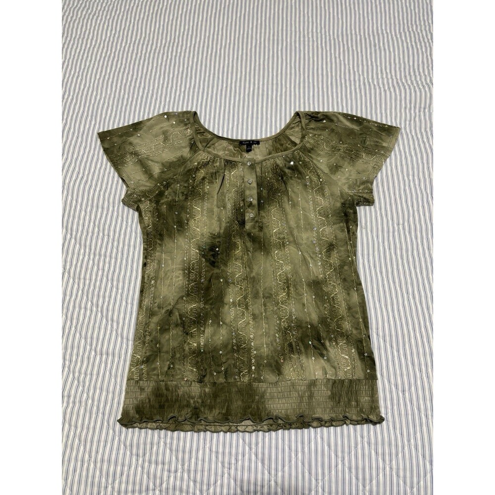 Sami & Jo Tie-Dye Embroidered Flutter Short Sleeve Blouse Women’s Large Green